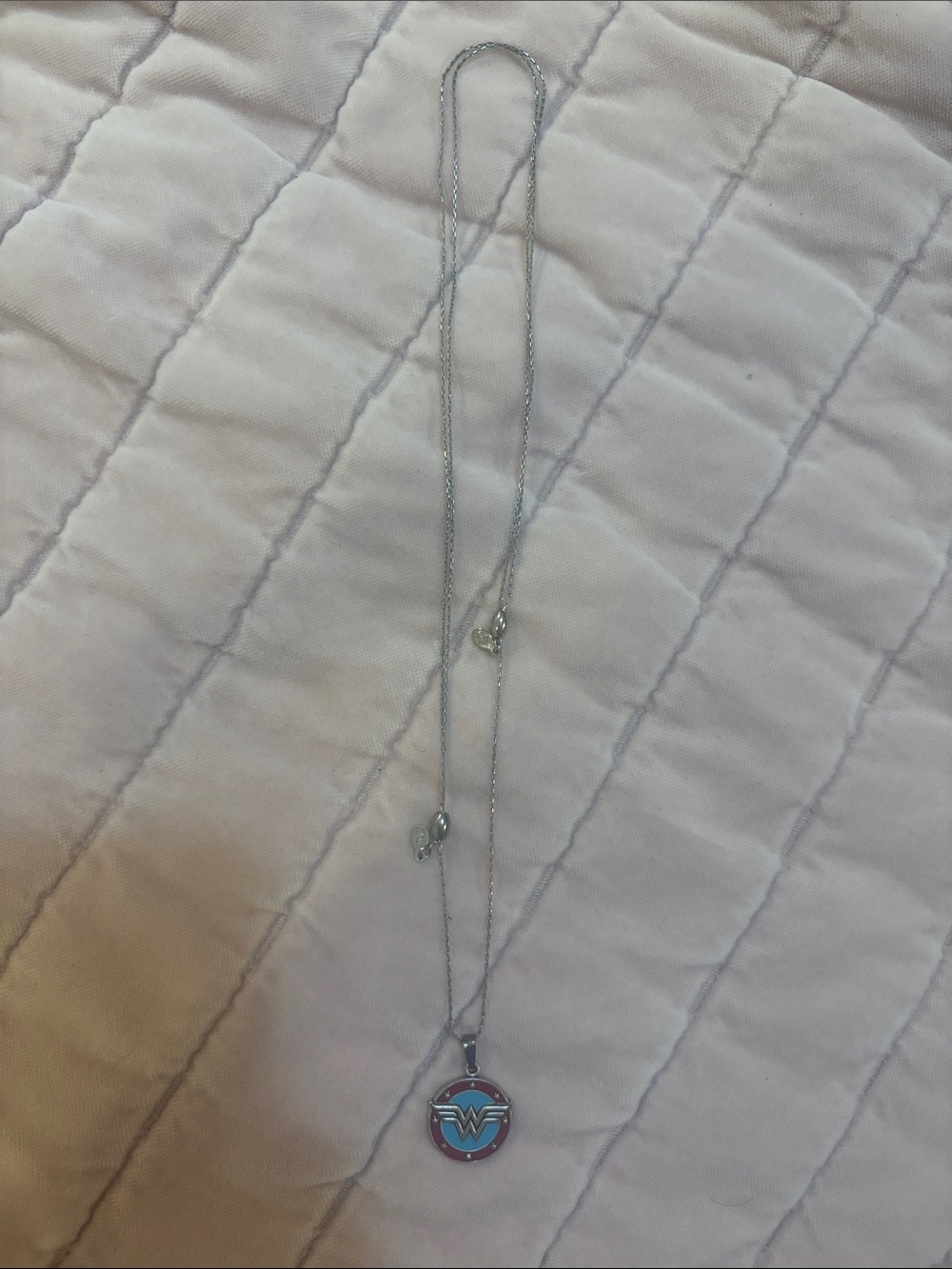 Alex and Ani Silver-Tone Wonder Woman Pendant Necklace with Blue and Pink Enamel